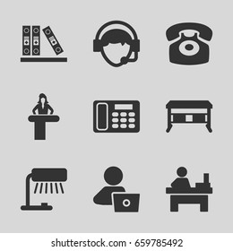 Desk icons set. set of 9 desk filled icons such as table, man with laptop, operator, binder