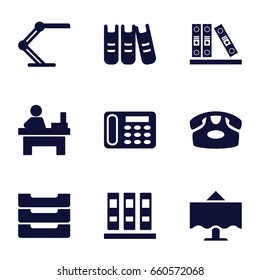 Desk icons set. set of 9 desk filled icons such as desk phone, table, binder