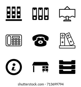 Desk icons set. set of 9 desk filled and outline icons such as binder, table box, info