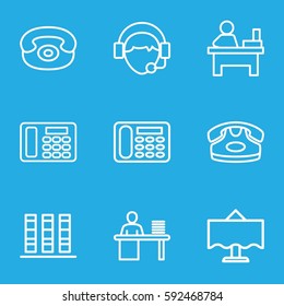 desk icons set. Set of 9 desk outline icons such as desk phone, table, operator, man working at the table, restaurant table