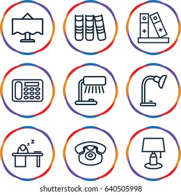 Desk icons set. set of 9 desk outline icons such as desk phone, binder, man sleeping on table, table lamp