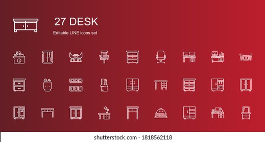 desk icons set. Collection of desk with closet, reception bell, table, drawer, pencil case, cupboard, desk chair, office chair, furniture. Editable and scalable icons.