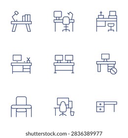 Desk icons set. Thin Line style, editable stroke. workplace, worktable, desk, office