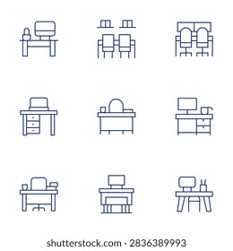 Desk icons set. Thin Line style, editable stroke. teacher, coworkingspace, desk, teacherdesk, workdesk
