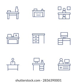 Desk icons set. Thin Line style, editable stroke. table, reception, humanresources, desk, job, receptiondesk