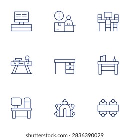 Desk icons set. Thin Line style, editable stroke. computer, infopoint, worktable, desk, deskarrangement