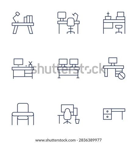 Desk icons set. Thin Line style, editable stroke. workplace, worktable, desk, office