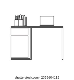 Desk illustration icon for workspace, office interior employee executive line back workspace desk  vector icon design, wooden workspace desk  for work space, modern office armchair in black outlines.