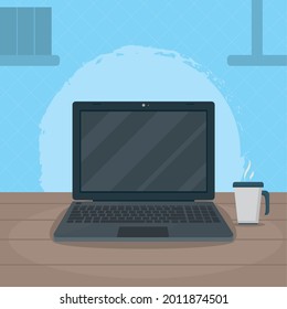 desk illustration with laptop computer and coffee cup