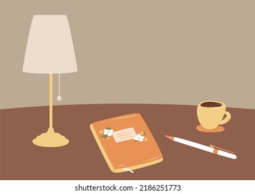 Desk illustration with pen, notepad, coffee cup and lamp