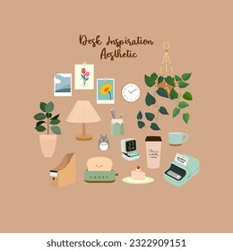 Desk inspiration aesthetic feminine illustration set