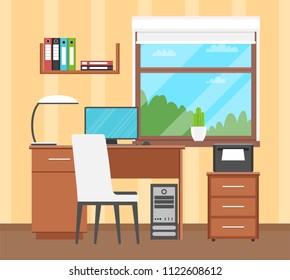 Desk. The interior of the workplace. Flat design. Vector illustration.