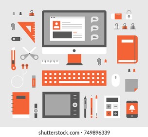 Desk item objects on desk vector illustration flat design