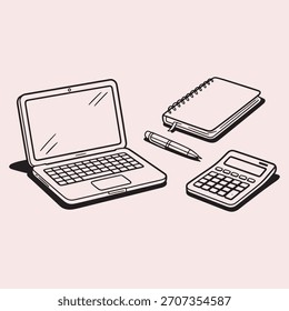 Schreibtischartikel wie Laptop, Notebook, Stift und Taschenrechner-Bürobedarf