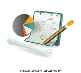 Desk items like a calendar, pencil, paper, and pie chart