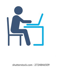 Ícone de trabalho de mesa azul vetor plano design homem computador símbolo escritório trabalho funcionário digitando elemento gráfico sinal