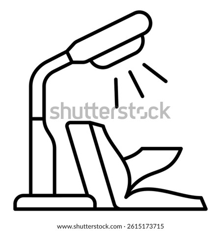 Desk lamp with book thin line icon, book reading concept. Vector graphics. Opened textbook and shiny light sign on white background, style mobile or design