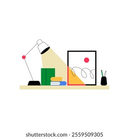 Desk Lamp With Books And Artwork In Flat Vector Illustration Symbolizing Workspace Organization, Creativity, And Study, Isolated On White Background