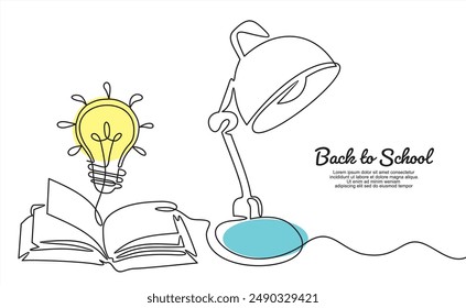 desk lamp with of books and light bulb, time to study banner illustration.Continuous one line drawing 