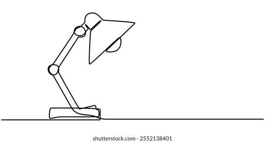 desk lamp with of books and light bulb, time to study banner illustration.Continuous one line drawing, Desk lamp in one continuous line drawing. Minimalist representation for home and study themes.