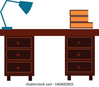 A desk with lamp and books on it with lot of comfortable drawers. vector, color drawing or illustration.