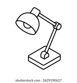 Schreibtischlampe mit Lampe, Arm und quadratischer Basis. Isometrisches Vektorsymbol. Bearbeitbarer Strich.