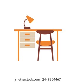 Desk with lamp and chair. Furniture icon over white background. Colorful flat design