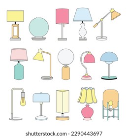 Desk lamp collection flat vector illustration design - lighting icon set pack simple outline drawing colorful artistic home furniture