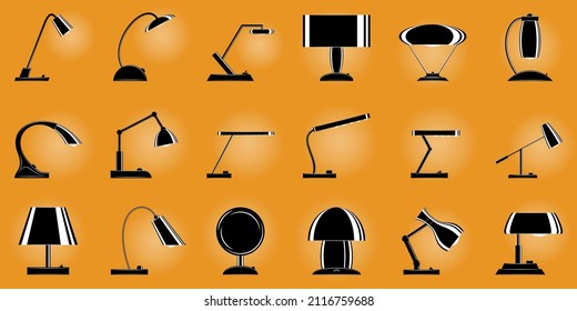 Lámpara de escritorio para el escritorio, iluminación del hogar. Dispositivo de iluminación para el interior. Diseño de lámpara de mesa. Conjunto de iconos vectoriales, silueta negra, fondo plano y naranja