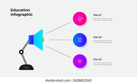 Desk lamp educational infographic with 3 steps. Perfect for presentations, reports, and educational materials, showcasing ideas and concepts with eye catching visuals