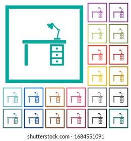 Desk with lamp flat color icons with quadrant frames on white background