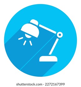 Icono plano de la lámpara de escritorio. diseño de sombra larga. fondo azul.