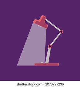 Desk lamp with flow of light electric bulb. Red work lamp, adjustable spotlight, lighting equipment for workplace in office or home. Flat cartoon vector isolated illustration.