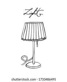 Lámpara de escritorio buena para leer y trabajar de noche, icono de ilustración de contorno dibujado a mano. Luz de escritorio de lectura, decoración original de dibujo animado. Mobiliario y equipo de oficina con planos de cartas.