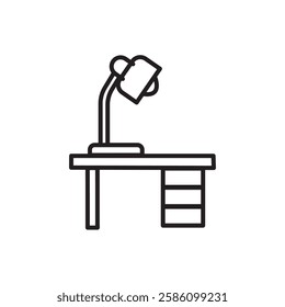 Desk with lamp icon black and white vector outline sign