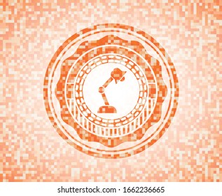 icono de la lámpara de escritorio dentro del emblema abstracto, fondo de mosaico naranja
