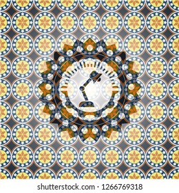 desk lamp icon inside arabesque badge background. arabic decoration.