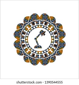 desk lamp icon inside arabesque style emblem. arabic decoration.