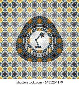 desk lamp icon inside arabesque style emblem. arabic decoration.