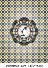 desk lamp icon inside arabic style badge. Arabesque decoration.