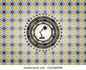 desk lamp icon inside arabic style badge. Arabesque decoration.