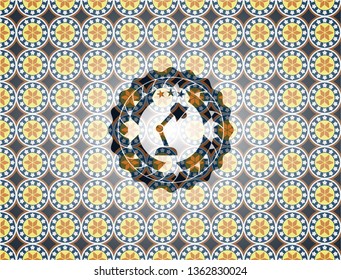 desk lamp icon inside arabic style badge. Arabesque decoration.