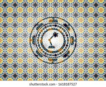 desk lamp icon inside arabic style emblem. Arabesque decoration.