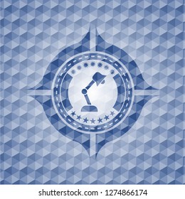 desk lamp icon inside blue badge with geometric pattern background.