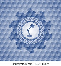 desk lamp icon inside blue emblem with geometric pattern background.