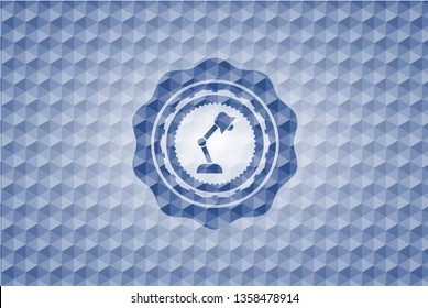 desk lamp icon inside blue emblem with geometric pattern background.