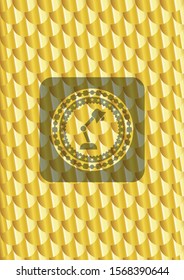 desk lamp icon inside gold badge or emblem. Scales pattern. Vector Illustration. Detailed.