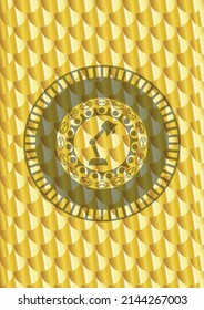 desk lamp icon inside gold shiny badge. Scales pattern. Vector Illustration. Detailed. 