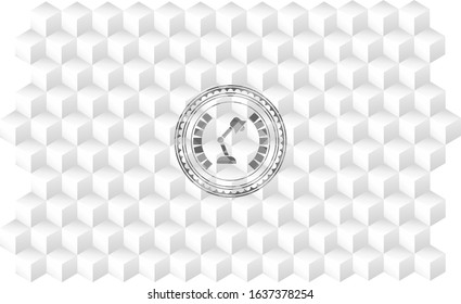 desk lamp icon inside grey emblem. Retro with geometric cube white background