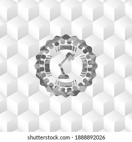 desk lamp icon inside grey emblem. Vintage with geometric cube white background. 